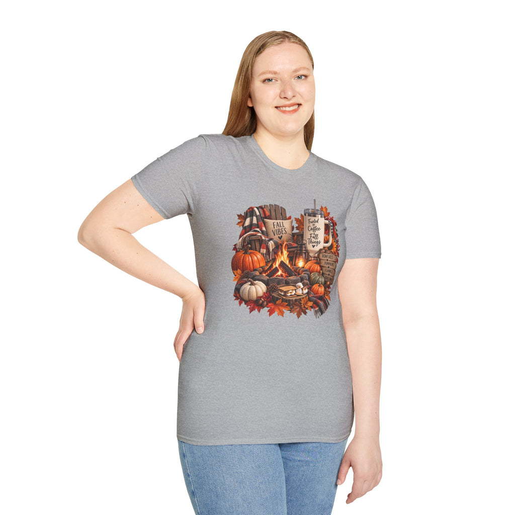 Fall Campfire Pumpkin T-Shirt — Cozy Autumn Shirt with "Fall Vibes" and Plaid Marshmallows Design
