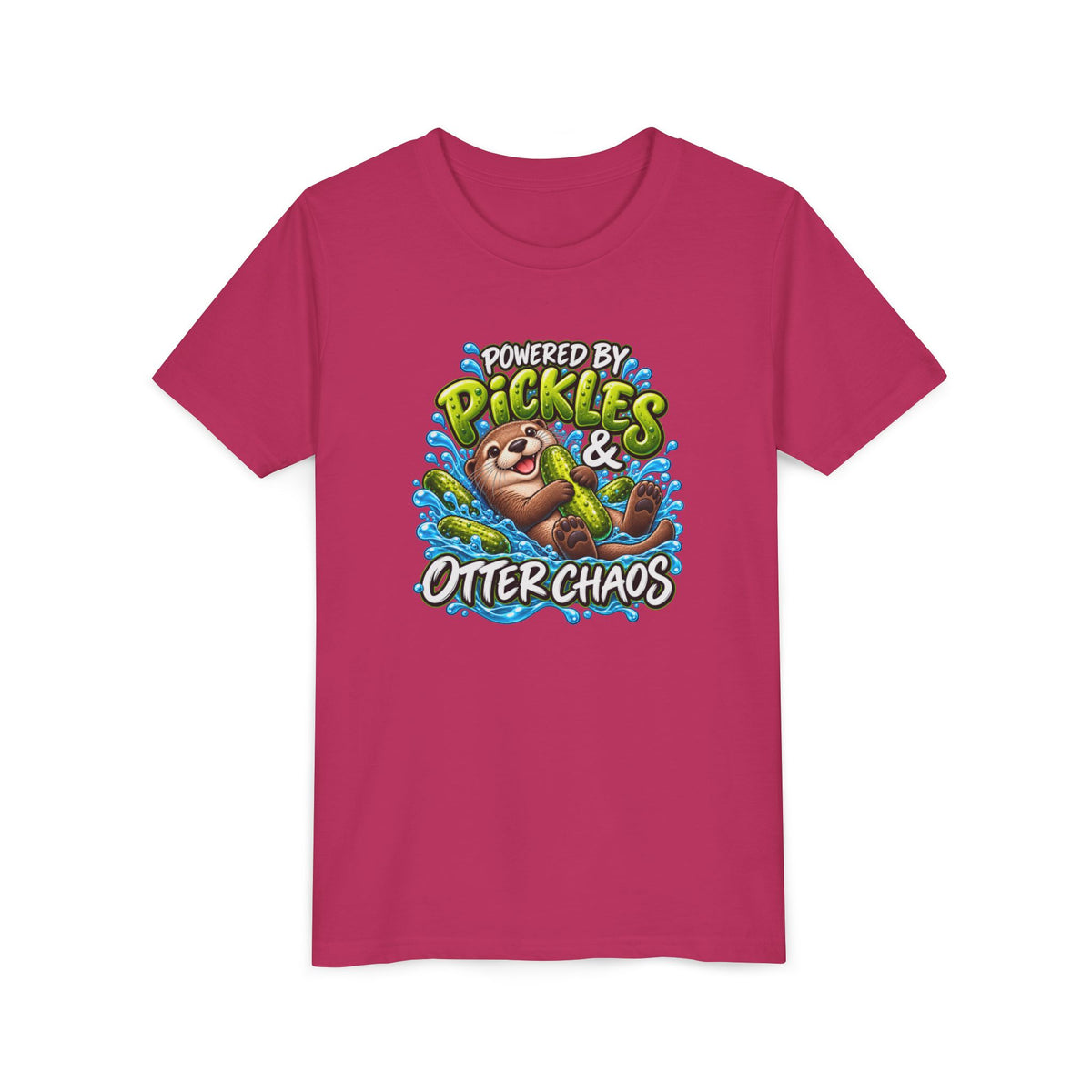 Youth Tee — "Powered by Pickles & Otter Chaos" Cute Otter Graphic Shirt
