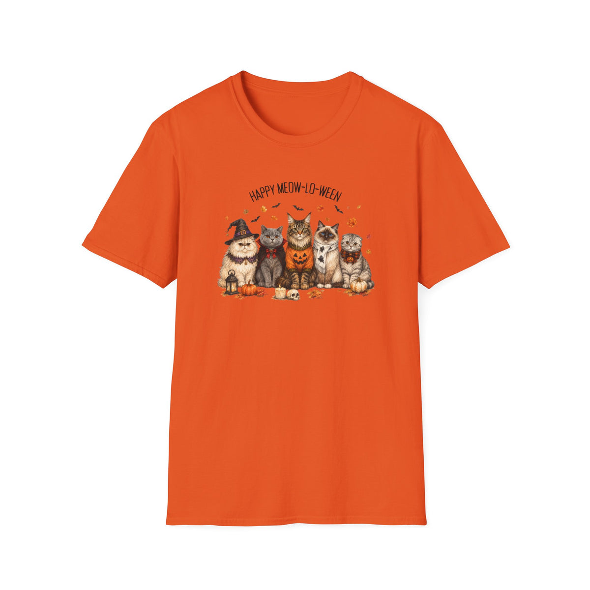 Halloween Cat T-Shirt — "Happy Meow-lo-ween" Cute Pumpkin Cats Tee