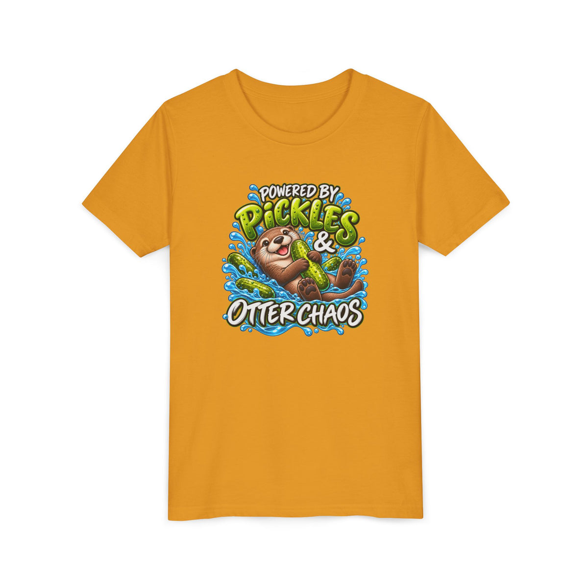 Youth Tee — "Powered by Pickles & Otter Chaos" Cute Otter Graphic Shirt