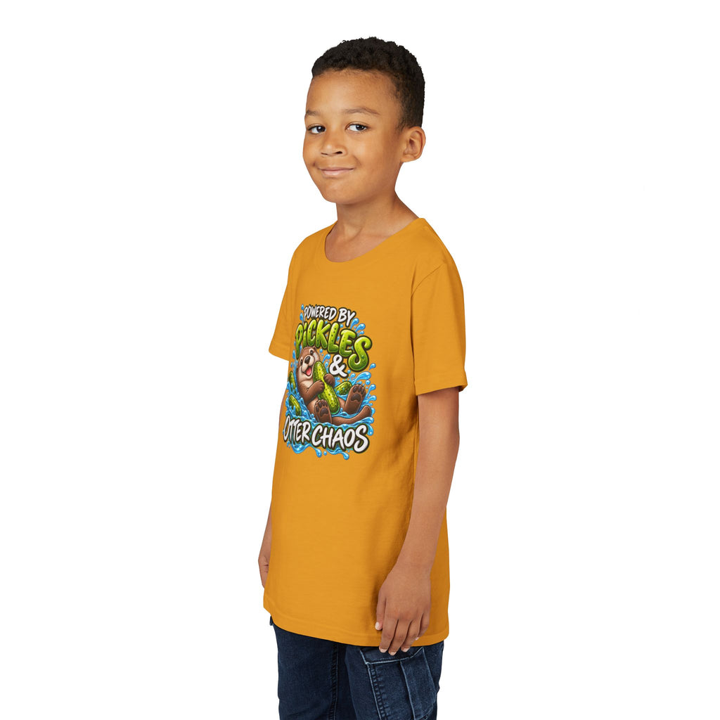 Youth Tee — "Powered by Pickles & Otter Chaos" Cute Otter Graphic Shirt