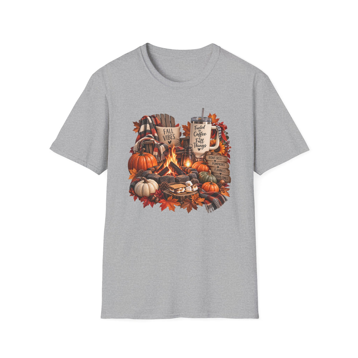Fall Campfire Pumpkin T-Shirt — Cozy Autumn Shirt with "Fall Vibes" and Plaid Marshmallows Design