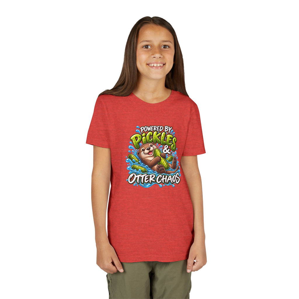 Youth Tee — "Powered by Pickles & Otter Chaos" Cute Otter Graphic Shirt