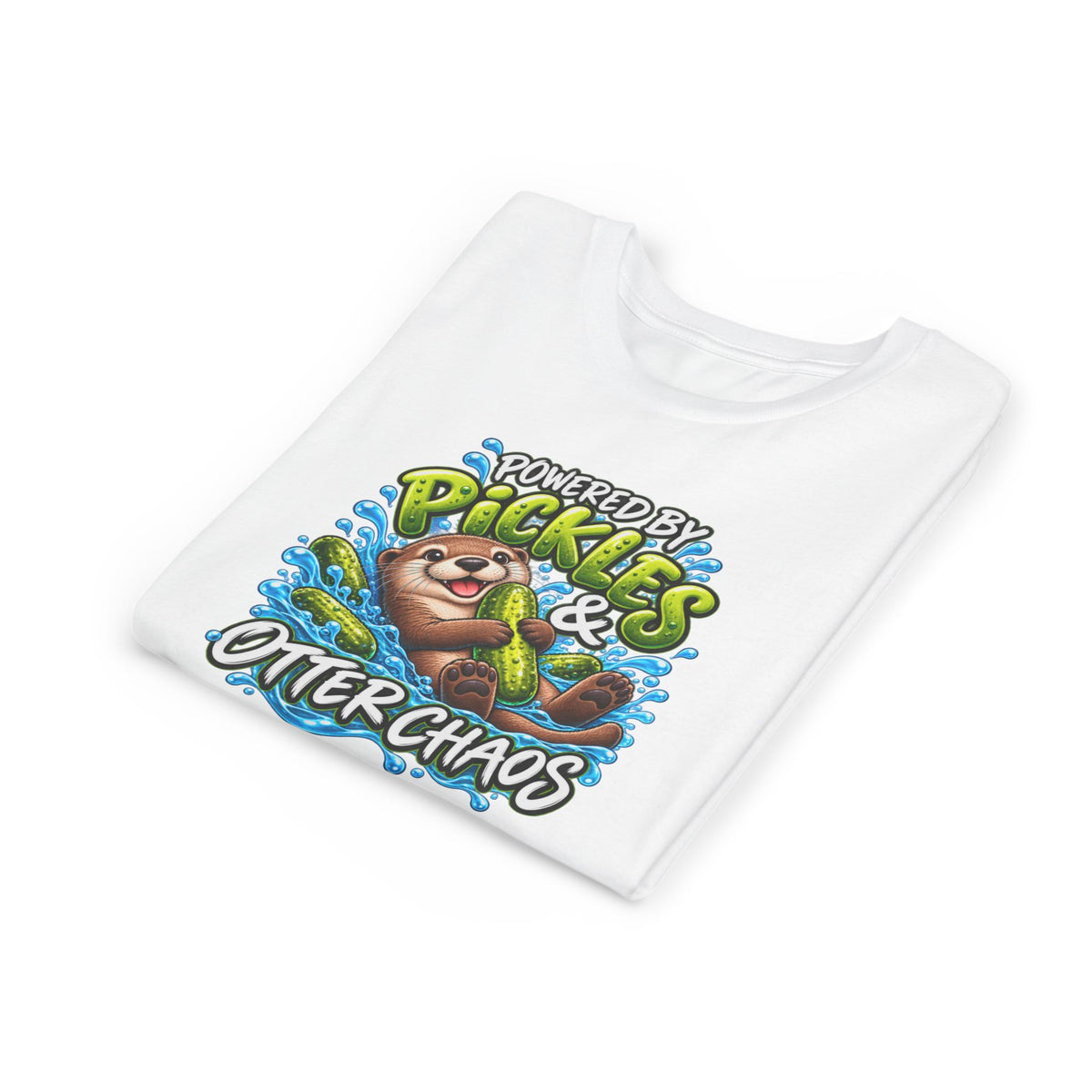 Youth Tee — "Powered by Pickles & Otter Chaos" Cute Otter Graphic Shirt