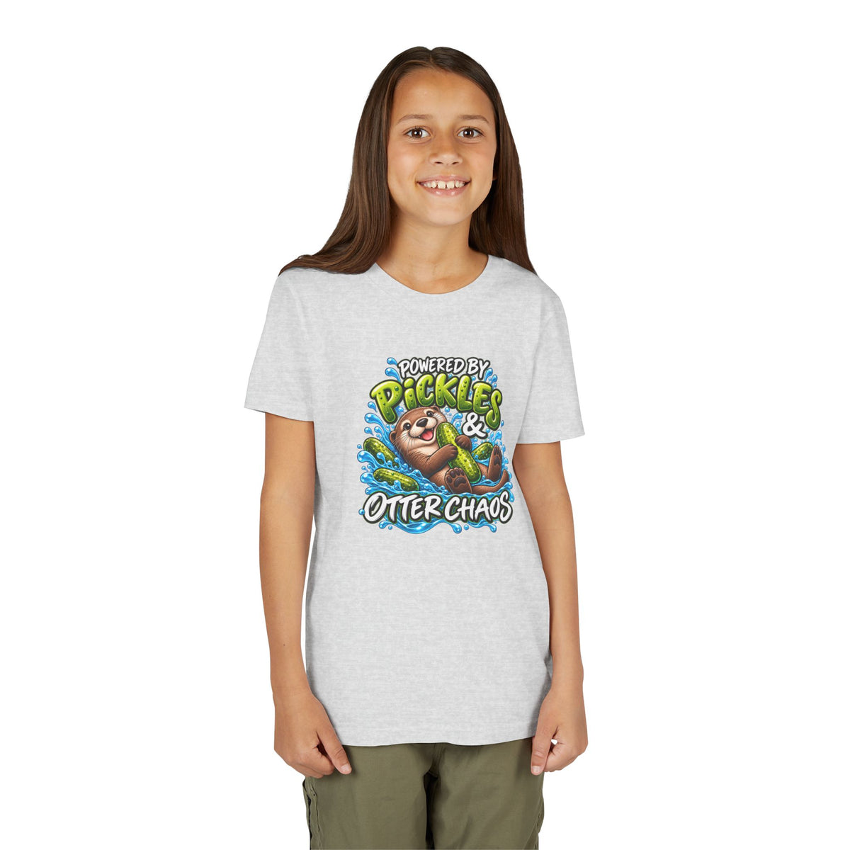 Youth Tee — "Powered by Pickles & Otter Chaos" Cute Otter Graphic Shirt