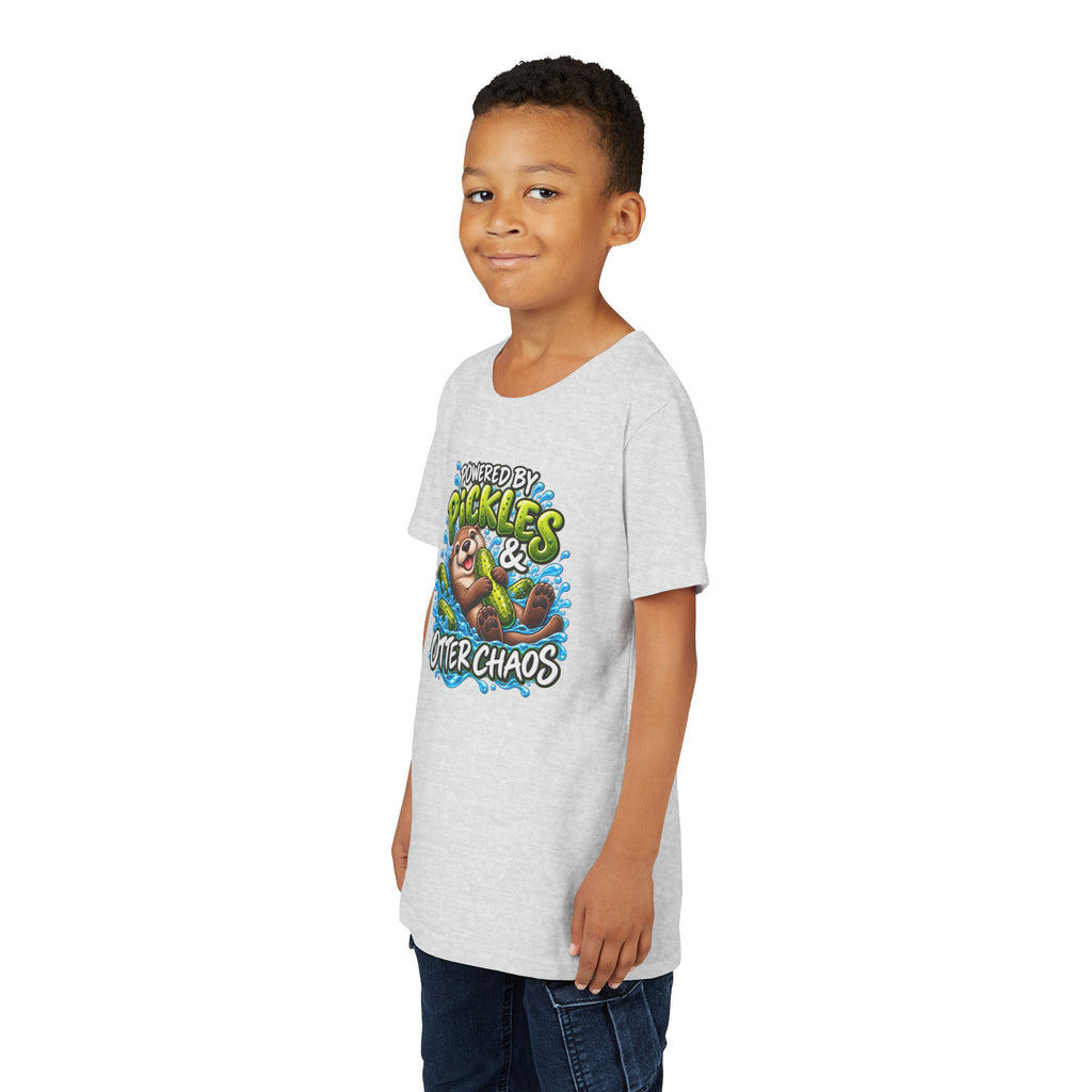 Youth Tee — "Powered by Pickles & Otter Chaos" Cute Otter Graphic Shirt