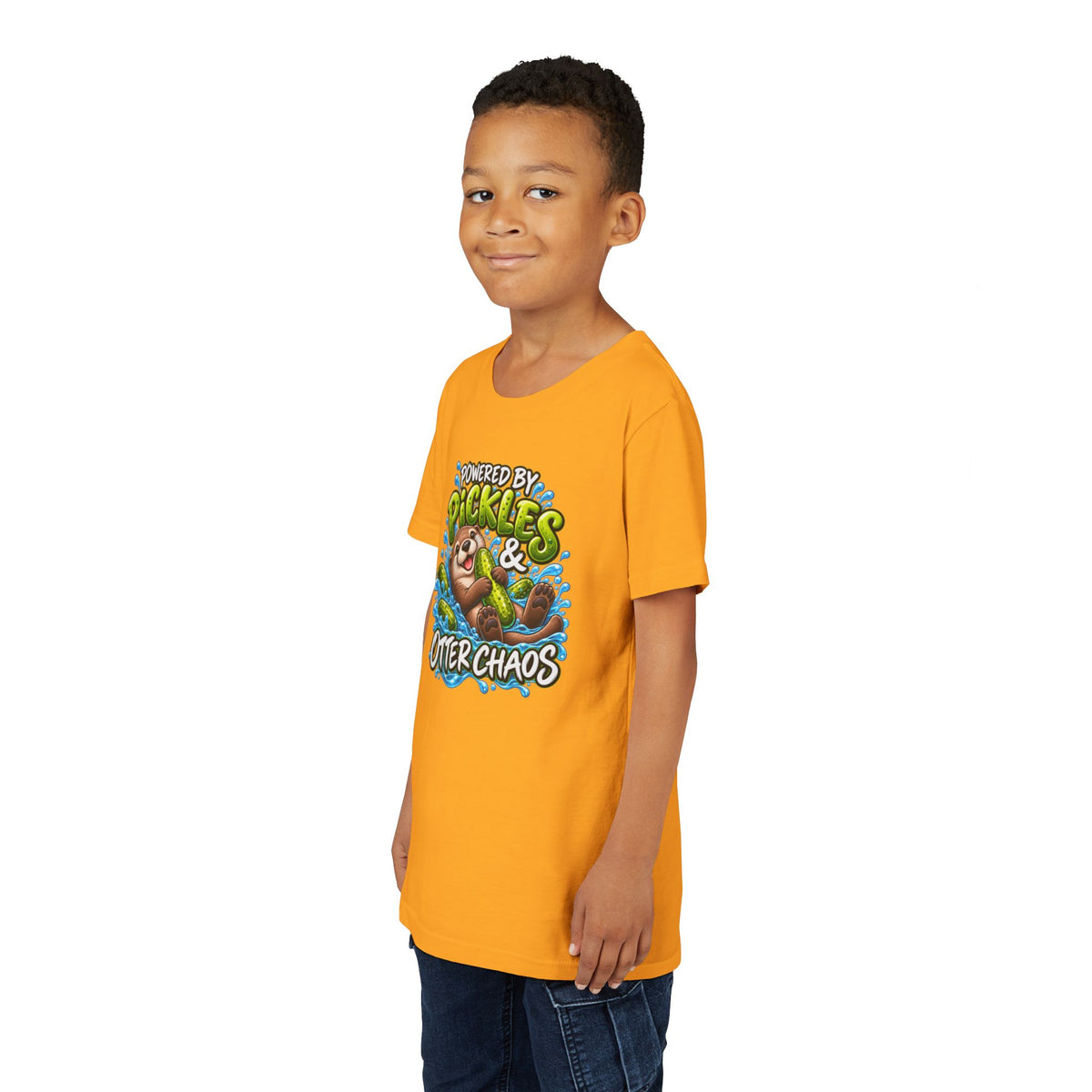 Youth Tee — "Powered by Pickles & Otter Chaos" Cute Otter Graphic Shirt