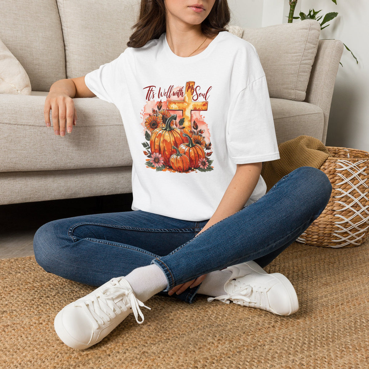 Fall Pumpkin Cross T‑Shirt – "’Tis Well With My Soul" Christian Autumn Tee