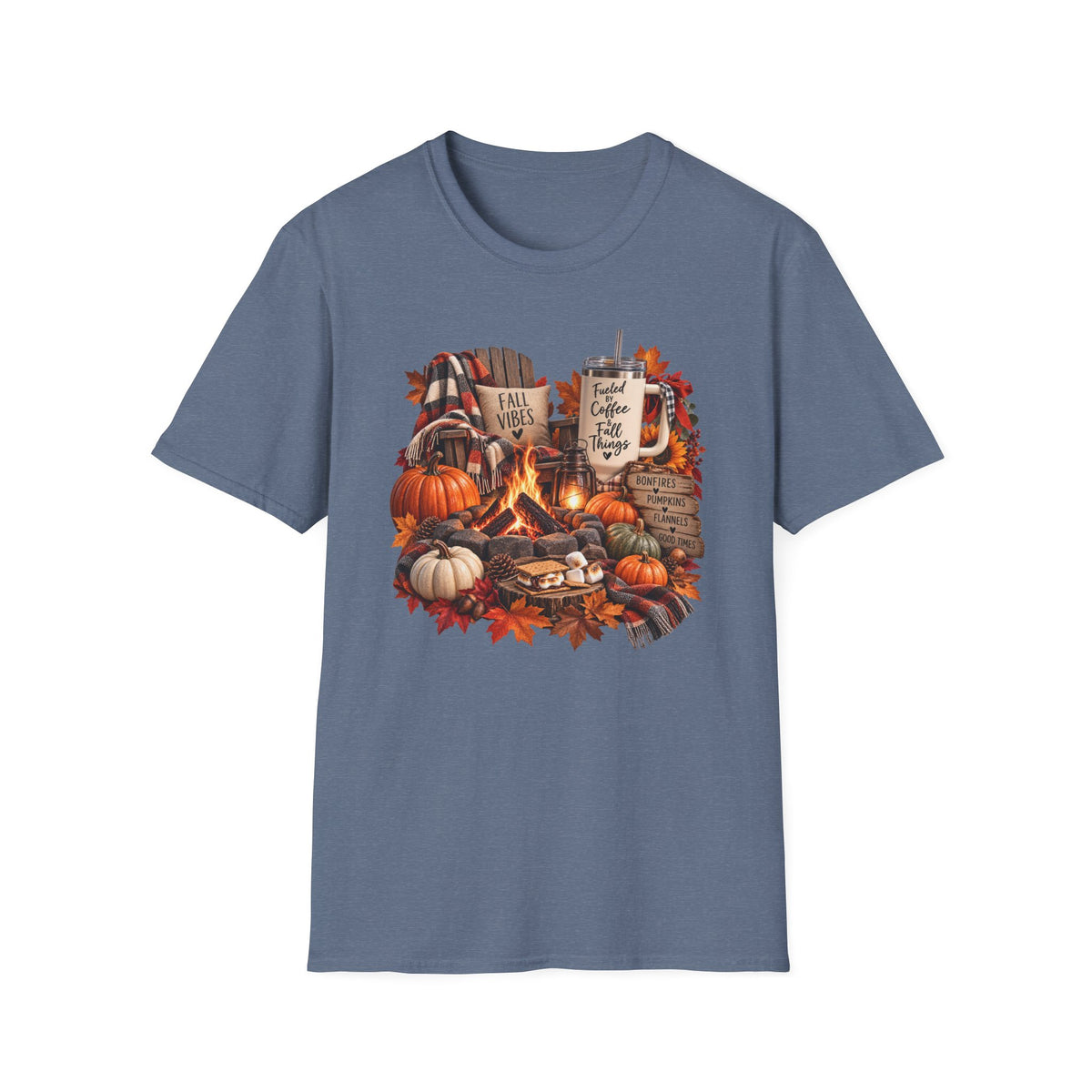 Fall Campfire Pumpkin T-Shirt — Cozy Autumn Shirt with "Fall Vibes" and Plaid Marshmallows Design