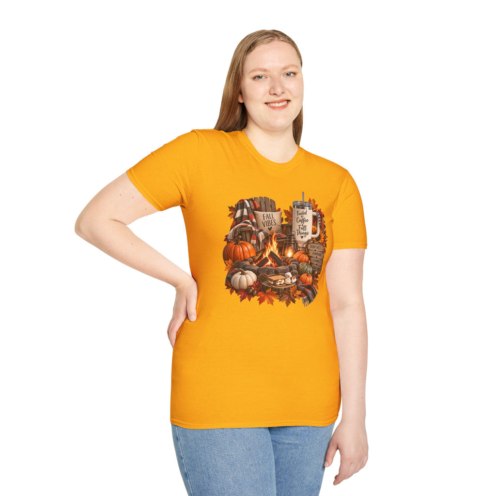 Fall Campfire Pumpkin T-Shirt — Cozy Autumn Shirt with "Fall Vibes" and Plaid Marshmallows Design