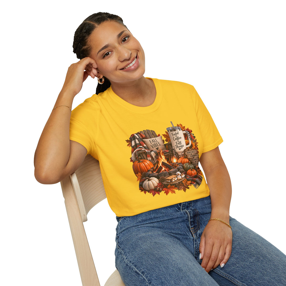 Fall Campfire Pumpkin T-Shirt — Cozy Autumn Shirt with "Fall Vibes" and Plaid Marshmallows Design