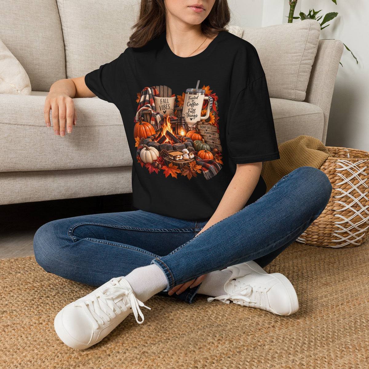 Fall Campfire Pumpkin T-Shirt — Cozy Autumn Shirt with "Fall Vibes" and Plaid Marshmallows Design