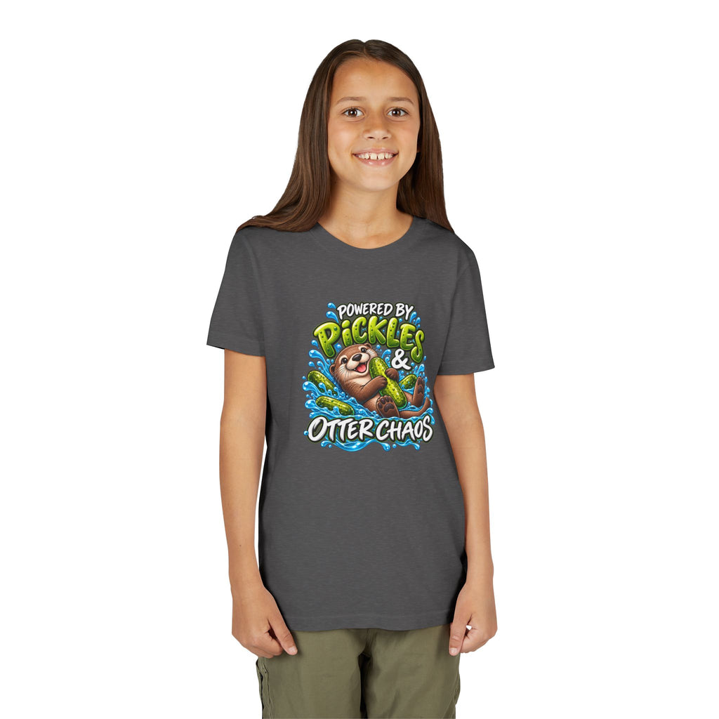 Youth Tee — "Powered by Pickles & Otter Chaos" Cute Otter Graphic Shirt