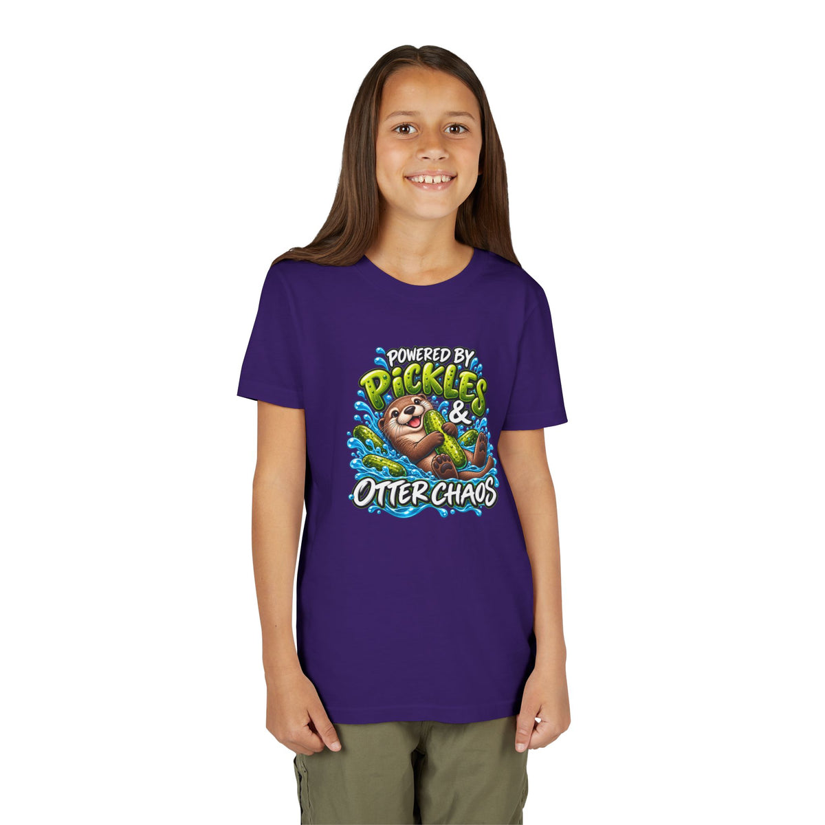 Youth Tee — "Powered by Pickles & Otter Chaos" Cute Otter Graphic Shirt