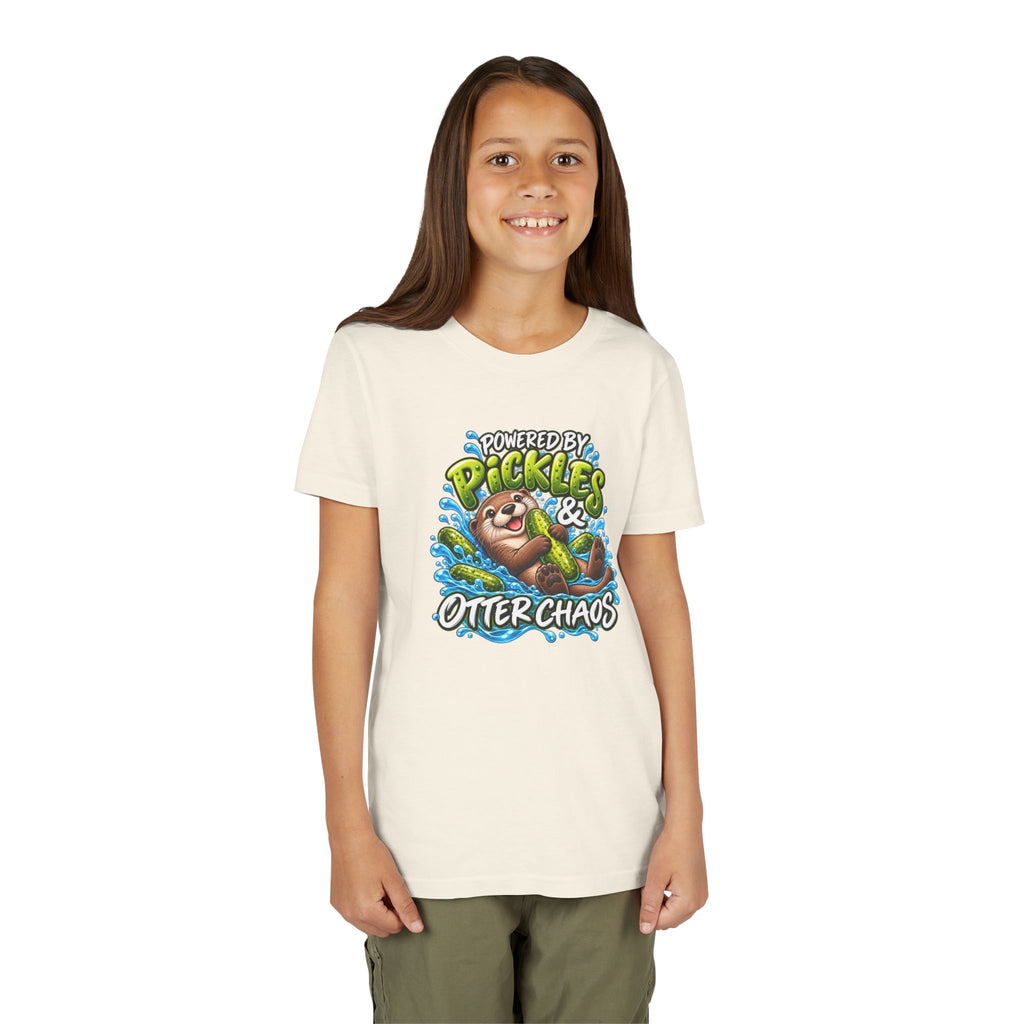 Youth Tee — "Powered by Pickles & Otter Chaos" Cute Otter Graphic Shirt