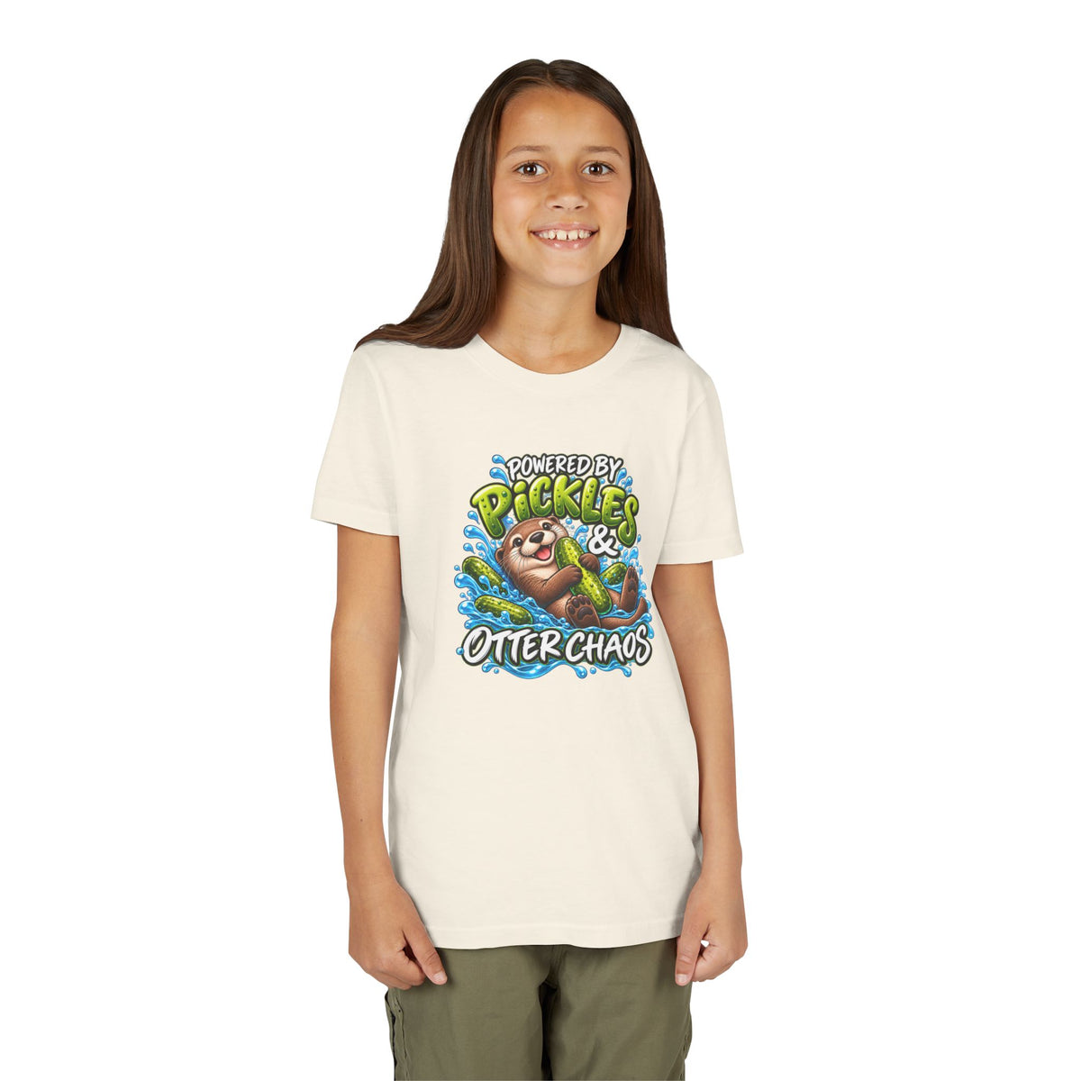 Youth Tee — "Powered by Pickles & Otter Chaos" Cute Otter Graphic Shirt