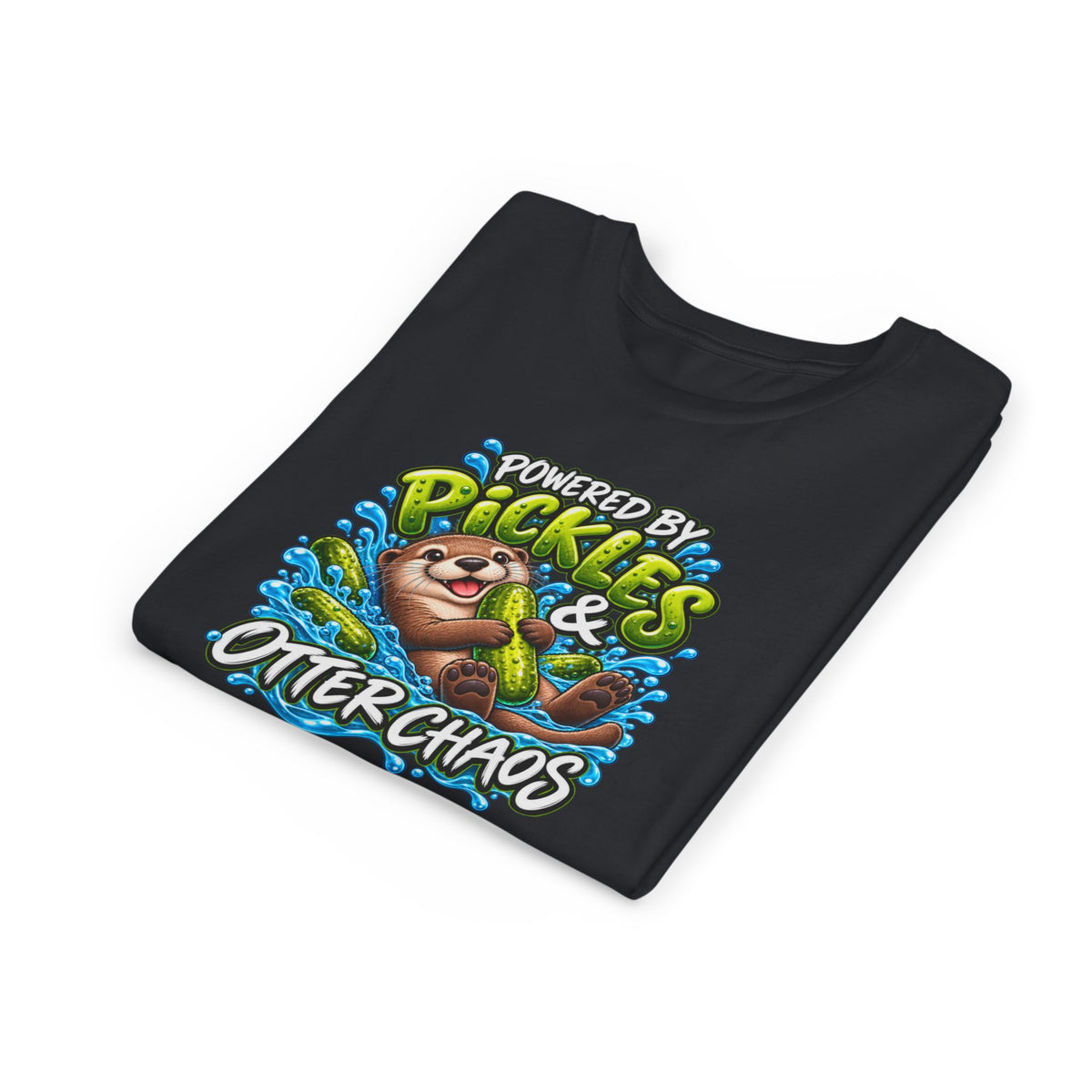 Youth Tee — "Powered by Pickles & Otter Chaos" Cute Otter Graphic Shirt
