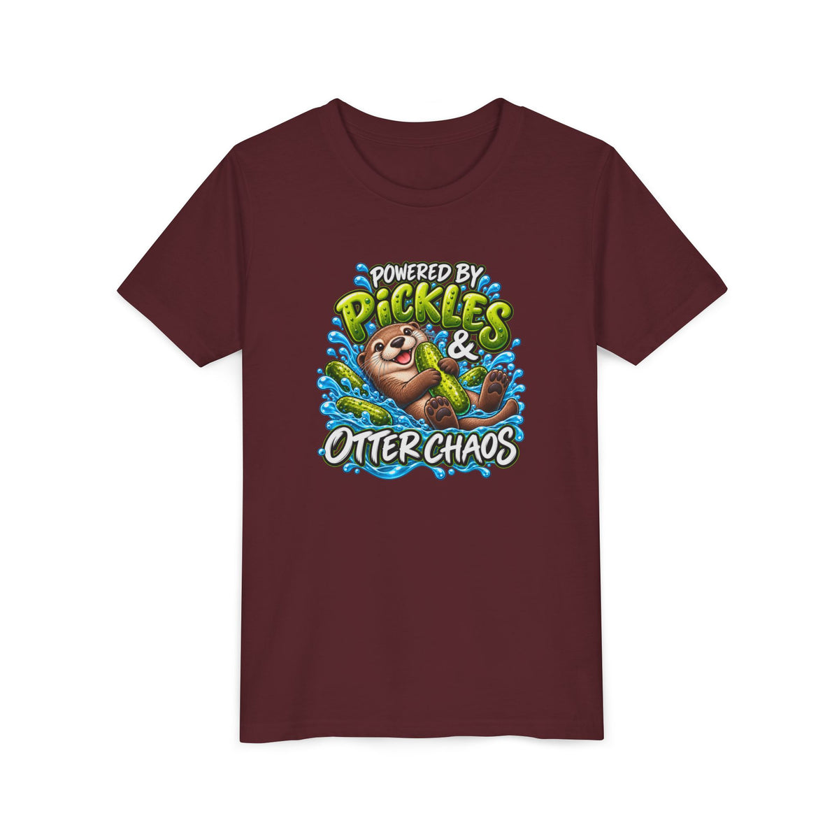 Youth Tee — "Powered by Pickles & Otter Chaos" Cute Otter Graphic Shirt