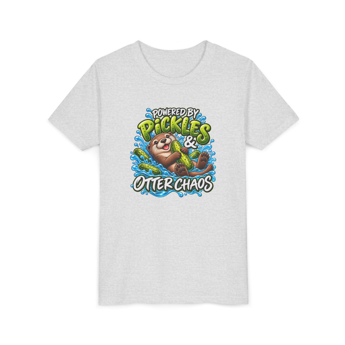 Youth Tee — "Powered by Pickles & Otter Chaos" Cute Otter Graphic Shirt