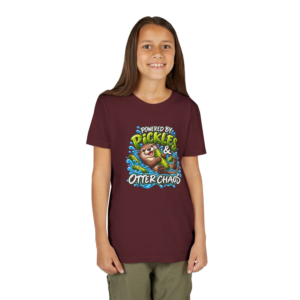 Youth Tee — "Powered by Pickles & Otter Chaos" Cute Otter Graphic Shirt
