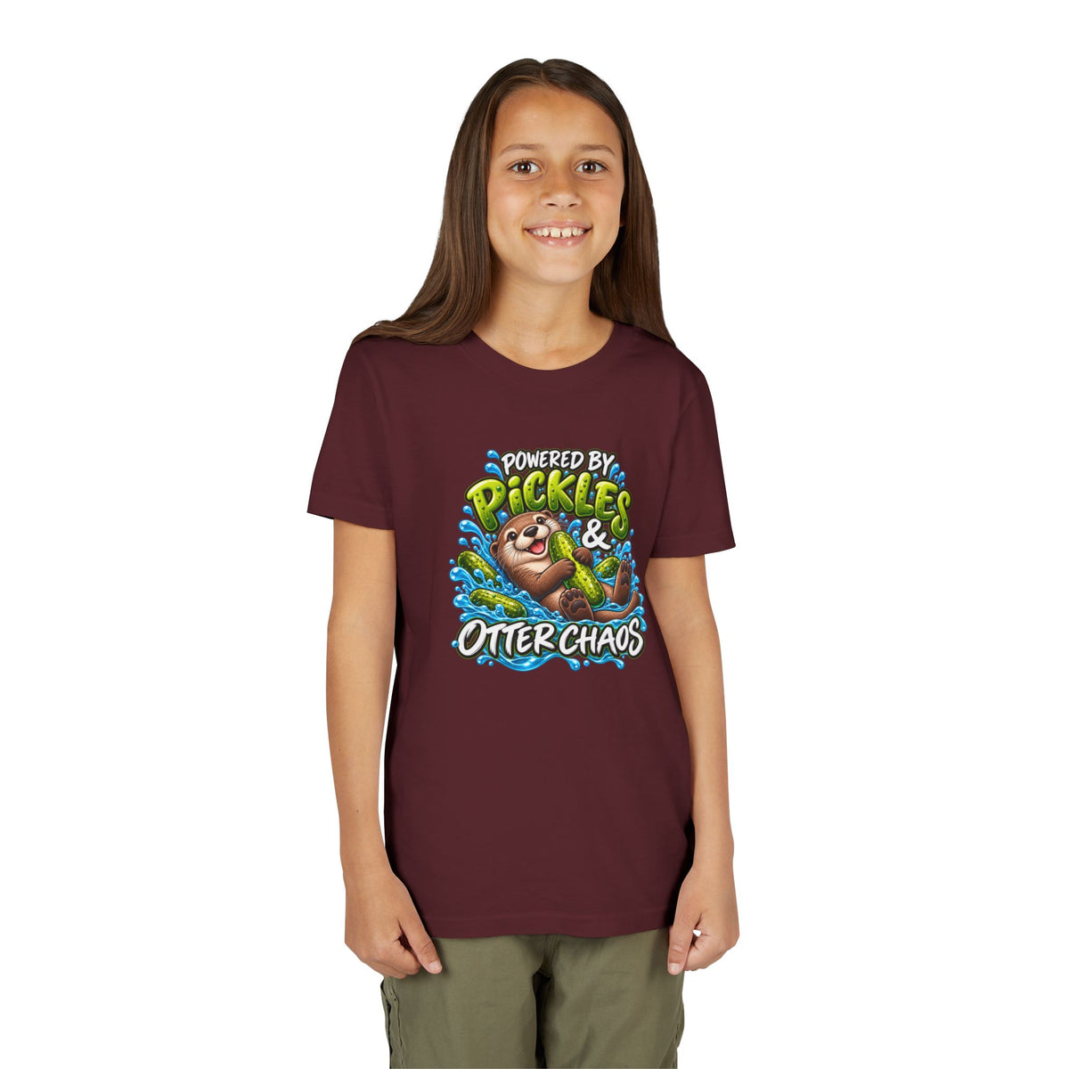 Youth Tee — "Powered by Pickles & Otter Chaos" Cute Otter Graphic Shirt