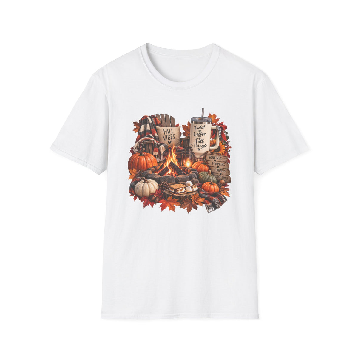 Fall Campfire Pumpkin T-Shirt — Cozy Autumn Shirt with "Fall Vibes" and Plaid Marshmallows Design