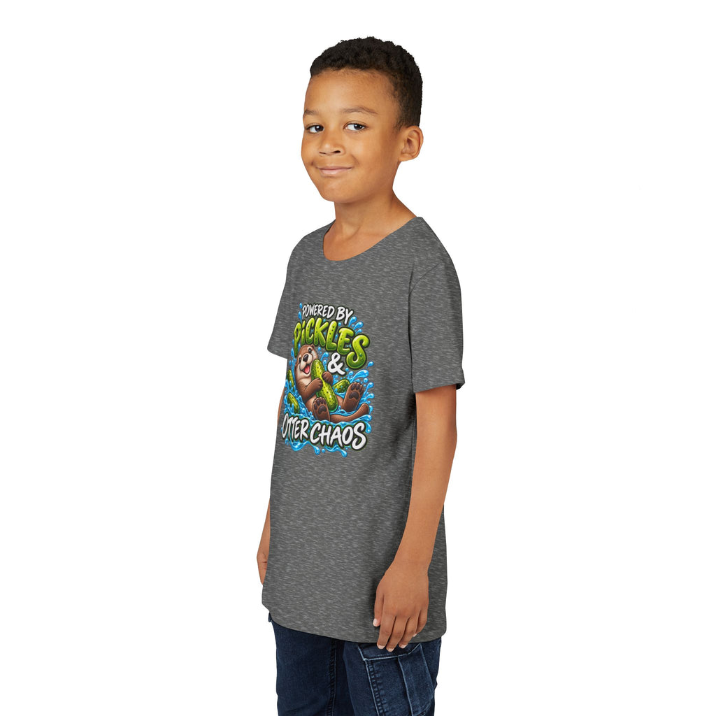 Youth Tee — "Powered by Pickles & Otter Chaos" Cute Otter Graphic Shirt