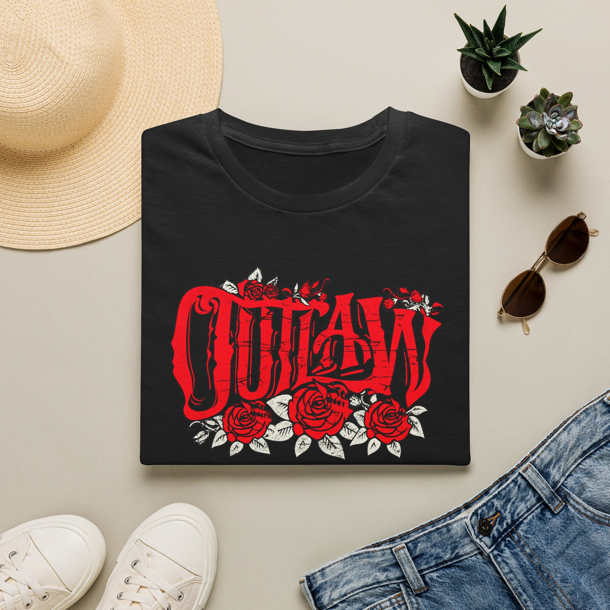Outlaw Roses T-Shirt — Red Gothic Script & Rose Graphic