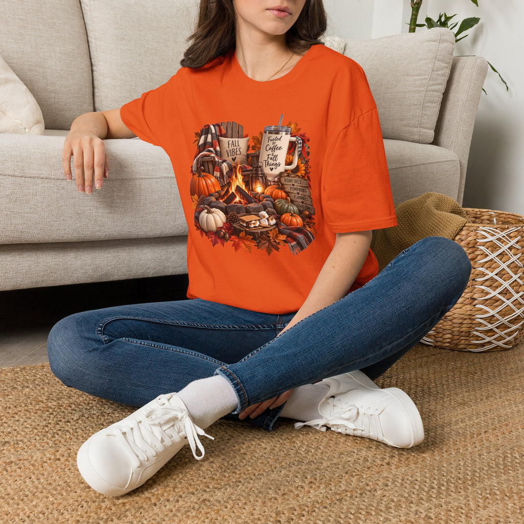 Fall Campfire Pumpkin T-Shirt — Cozy Autumn Shirt with "Fall Vibes" and Plaid Marshmallows Design