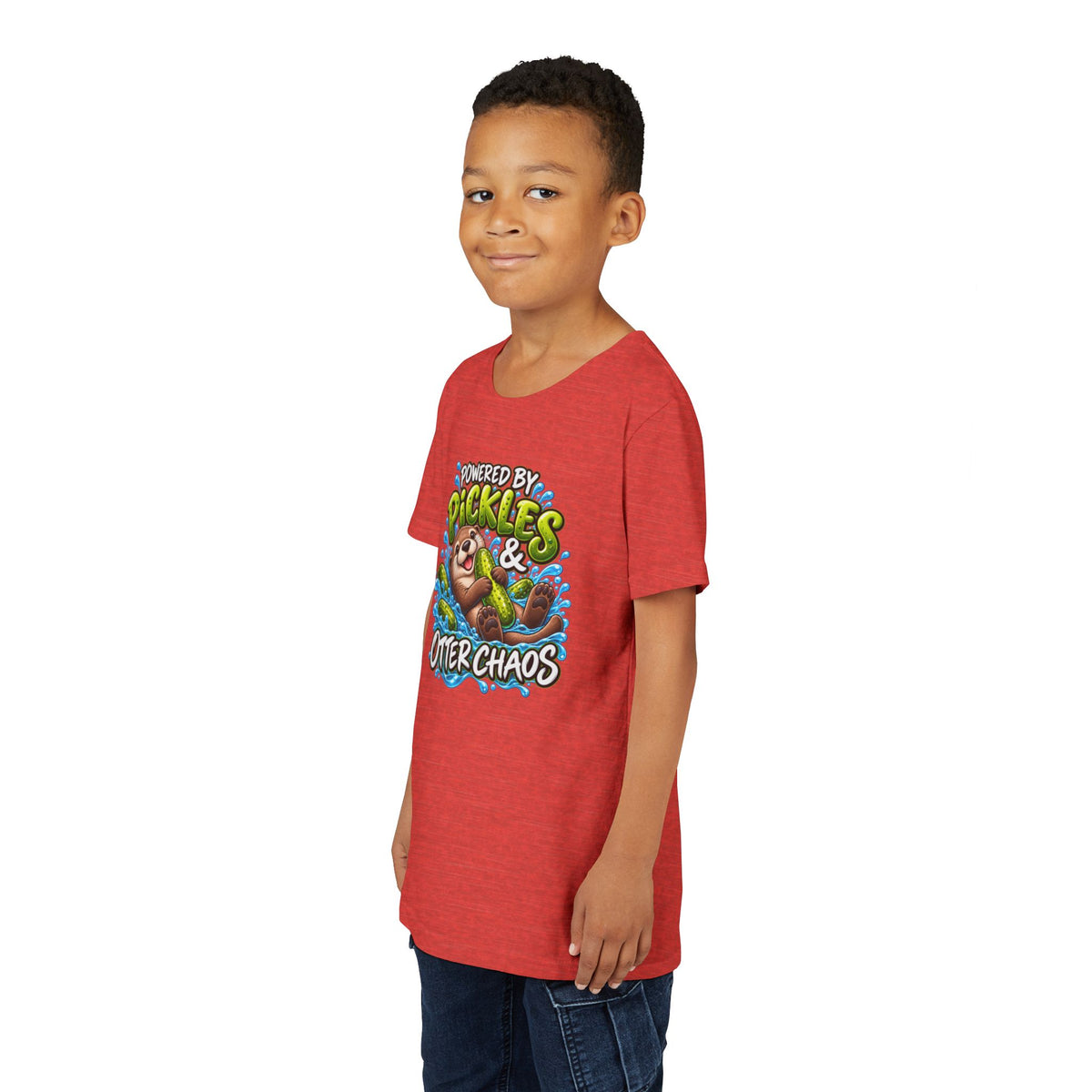 Youth Tee — "Powered by Pickles & Otter Chaos" Cute Otter Graphic Shirt