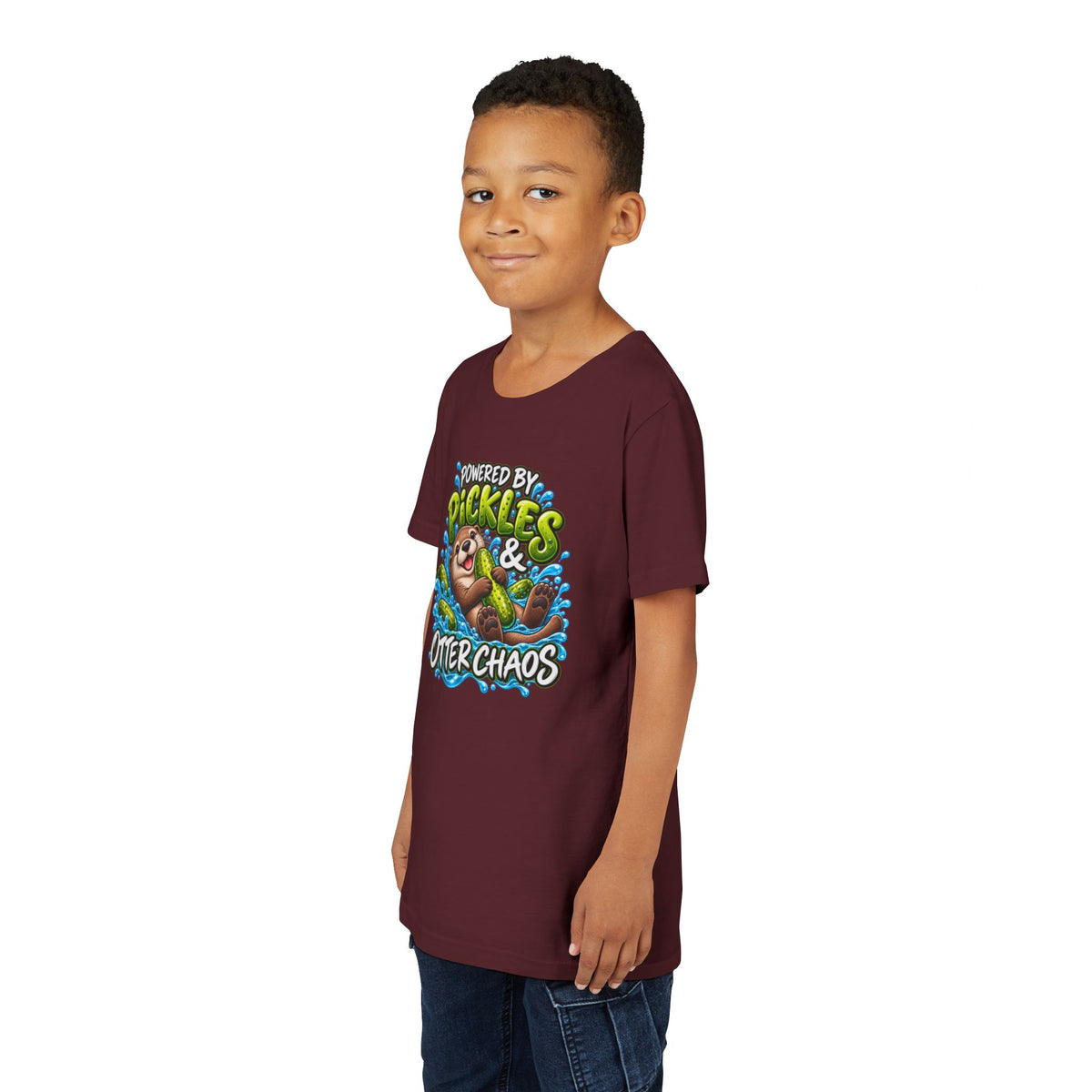 Youth Tee — "Powered by Pickles & Otter Chaos" Cute Otter Graphic Shirt