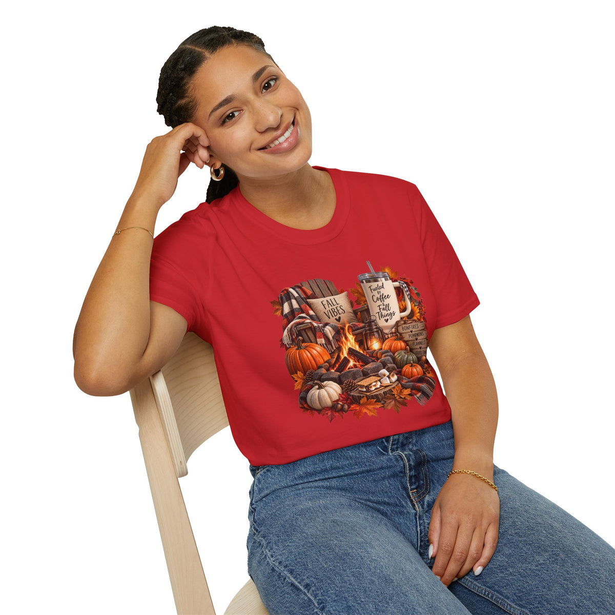 Fall Campfire Pumpkin T-Shirt — Cozy Autumn Shirt with "Fall Vibes" and Plaid Marshmallows Design