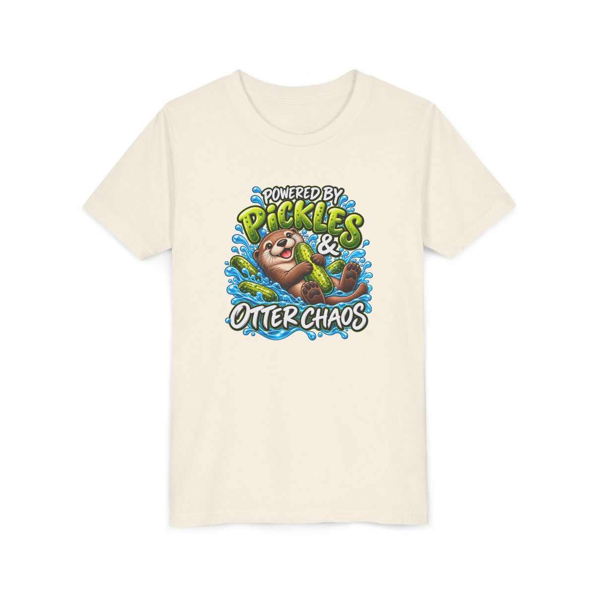 Youth Tee — "Powered by Pickles & Otter Chaos" Cute Otter Graphic Shirt