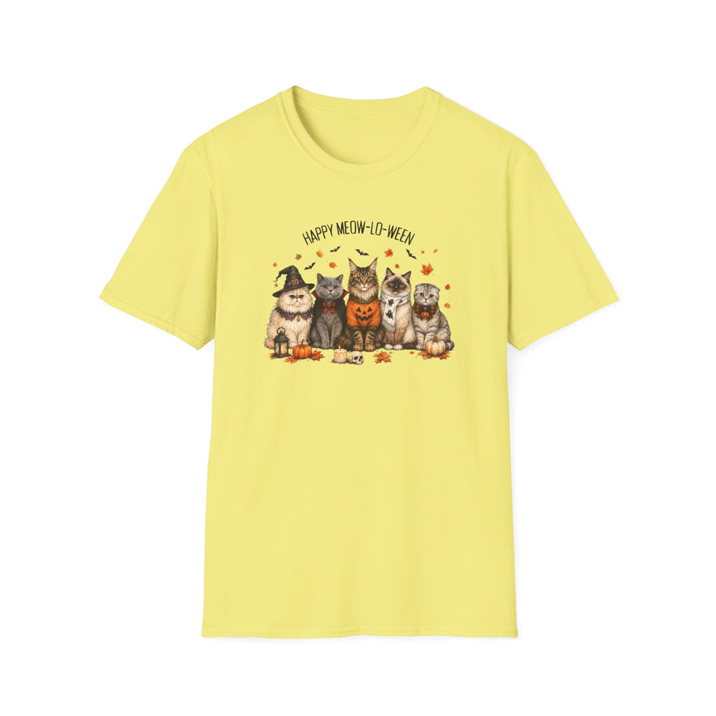 Halloween Cat T-Shirt — "Happy Meow-lo-ween" Cute Pumpkin Cats Tee