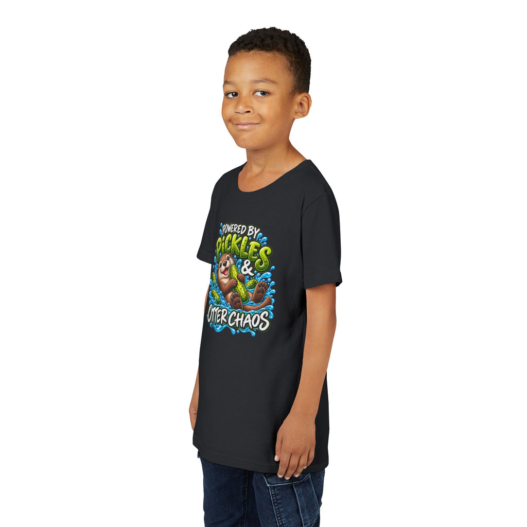 Youth Tee — "Powered by Pickles & Otter Chaos" Cute Otter Graphic Shirt