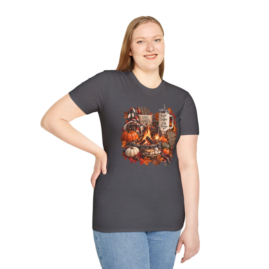 Fall Campfire Pumpkin T-Shirt — Cozy Autumn Shirt with "Fall Vibes" and Plaid Marshmallows Design