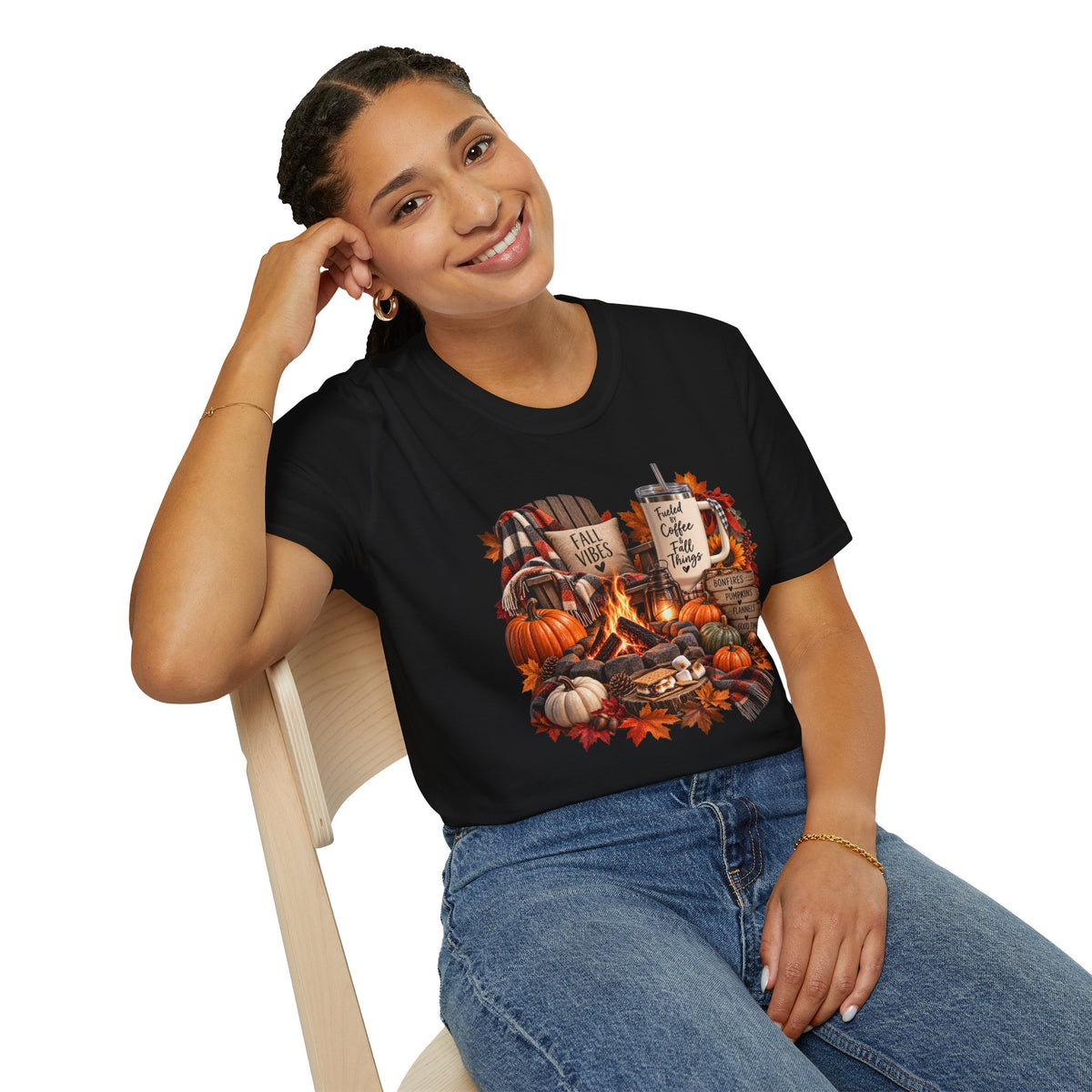 Fall Campfire Pumpkin T-Shirt — Cozy Autumn Shirt with "Fall Vibes" and Plaid Marshmallows Design