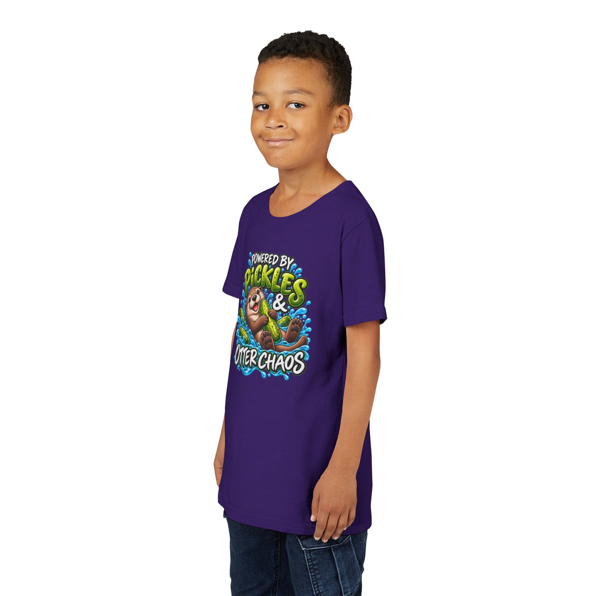 Youth Tee — "Powered by Pickles & Otter Chaos" Cute Otter Graphic Shirt