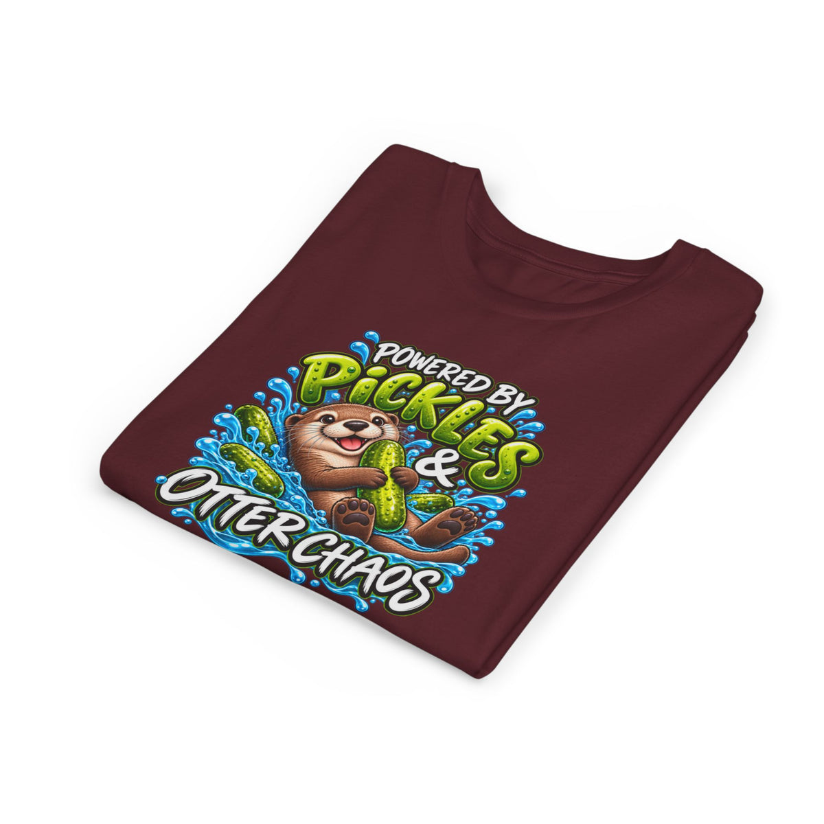 Youth Tee — "Powered by Pickles & Otter Chaos" Cute Otter Graphic Shirt