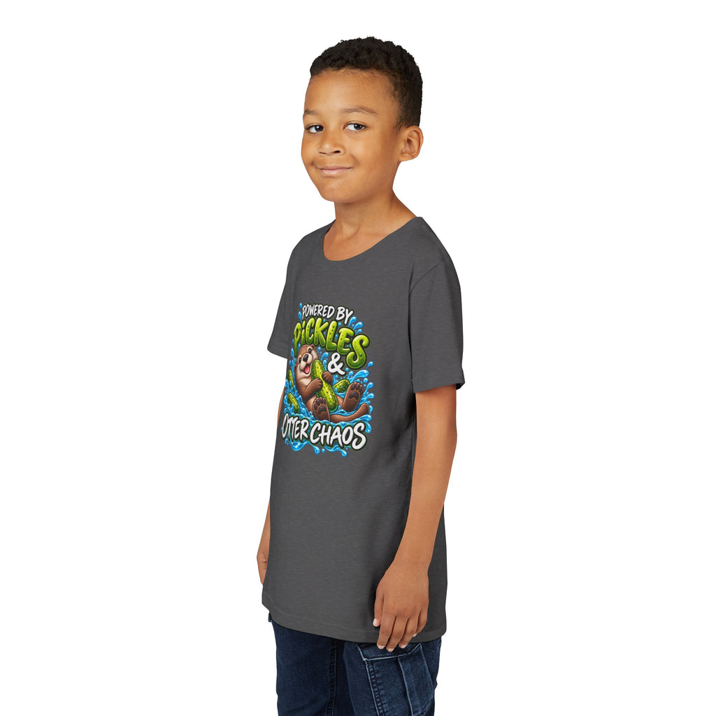 Youth Tee — "Powered by Pickles & Otter Chaos" Cute Otter Graphic Shirt
