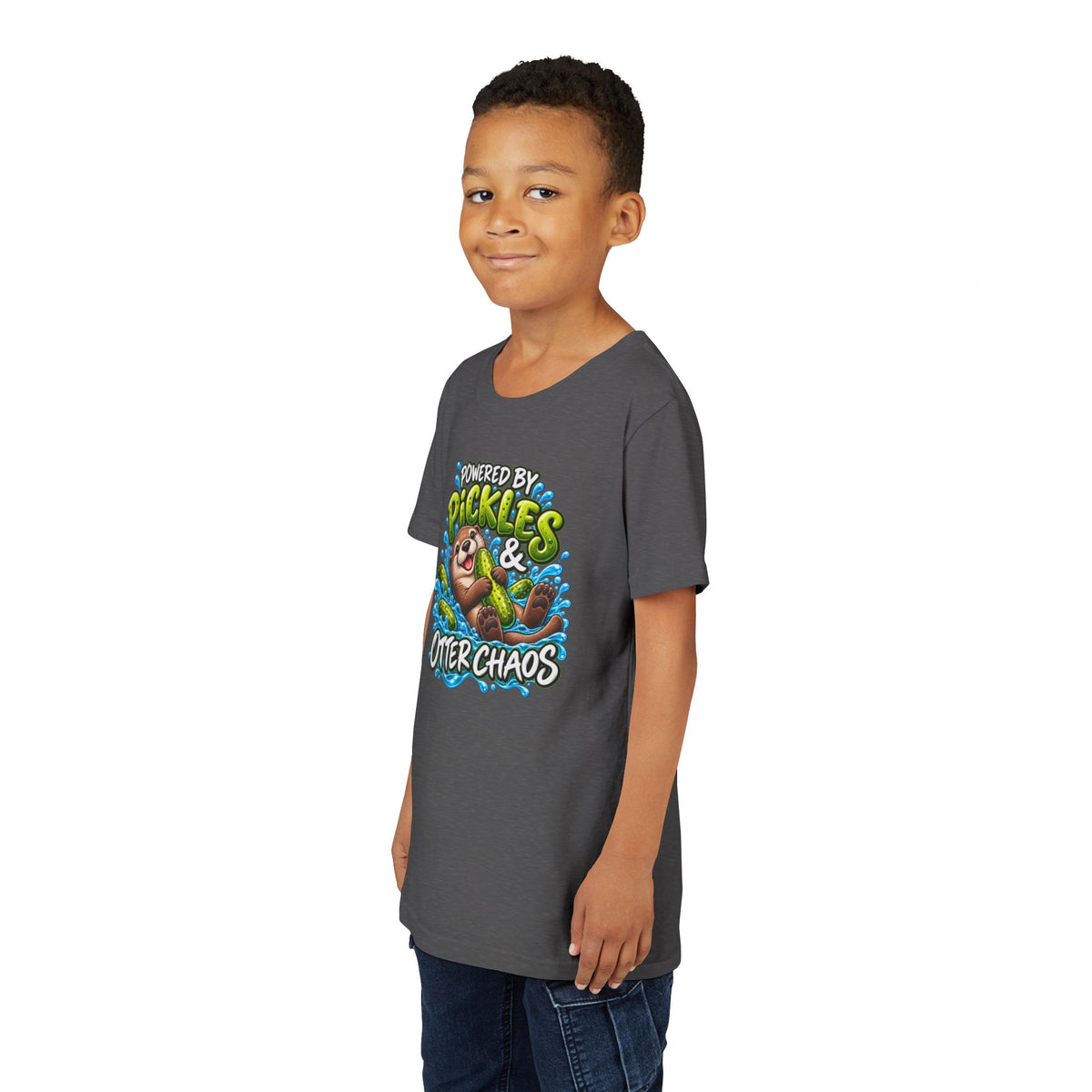 Youth Tee — "Powered by Pickles & Otter Chaos" Cute Otter Graphic Shirt