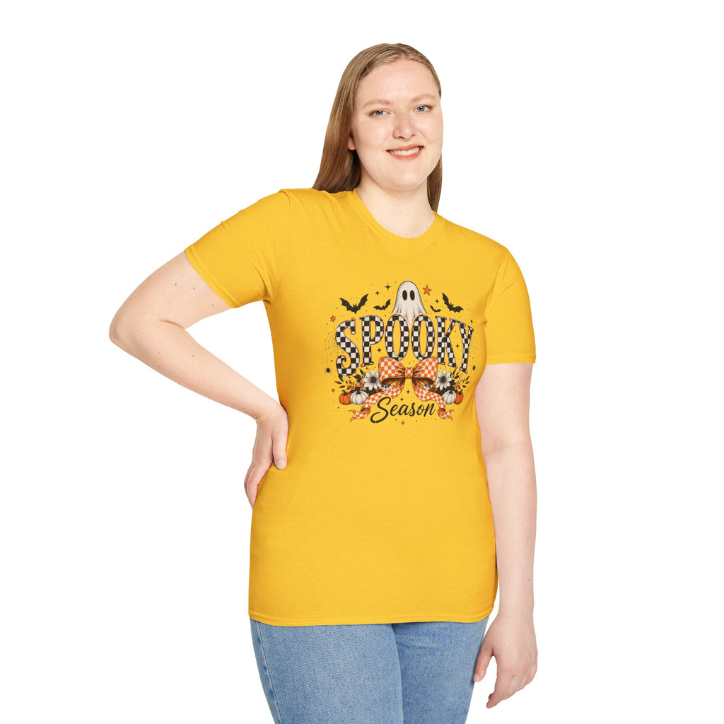 Spooky Season T-Shirt — Ghost, Bats & Checkered Bow Halloween Tee