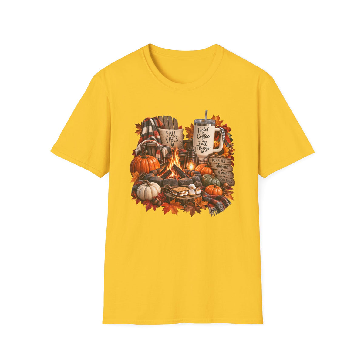 Fall Campfire Pumpkin T-Shirt — Cozy Autumn Shirt with "Fall Vibes" and Plaid Marshmallows Design