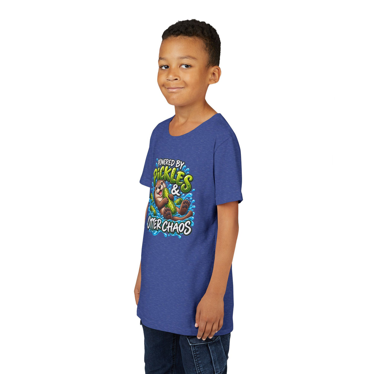 Youth Tee — "Powered by Pickles & Otter Chaos" Cute Otter Graphic Shirt