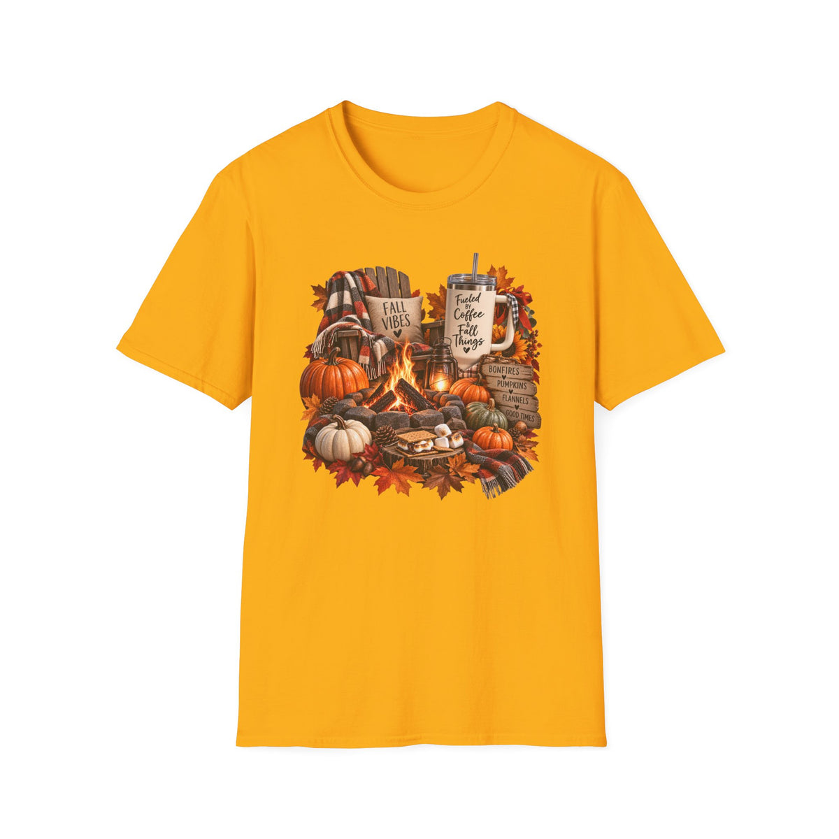 Fall Campfire Pumpkin T-Shirt — Cozy Autumn Shirt with "Fall Vibes" and Plaid Marshmallows Design