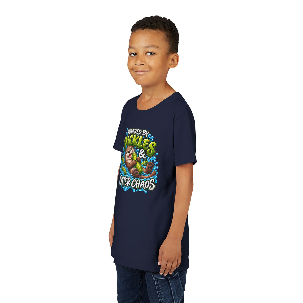 Youth Tee — "Powered by Pickles & Otter Chaos" Cute Otter Graphic Shirt