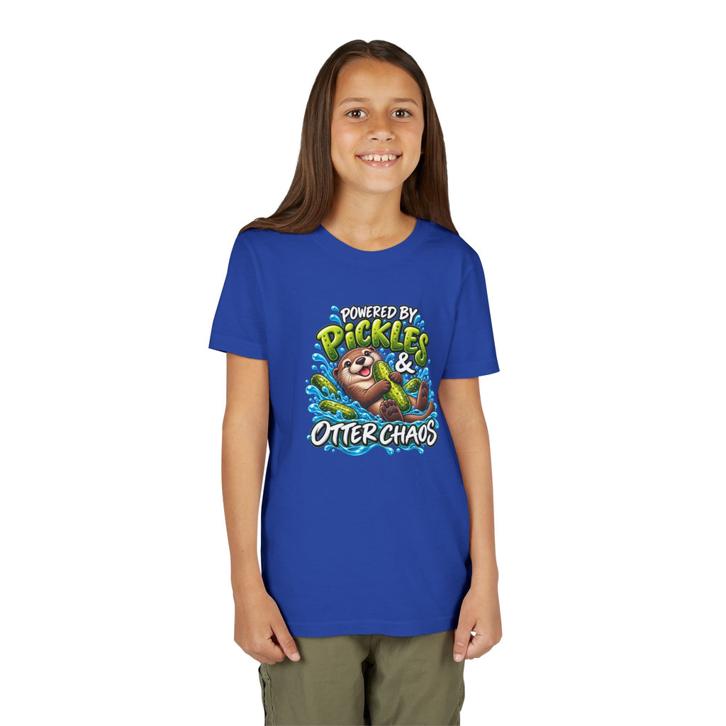 Youth Tee — "Powered by Pickles & Otter Chaos" Cute Otter Graphic Shirt