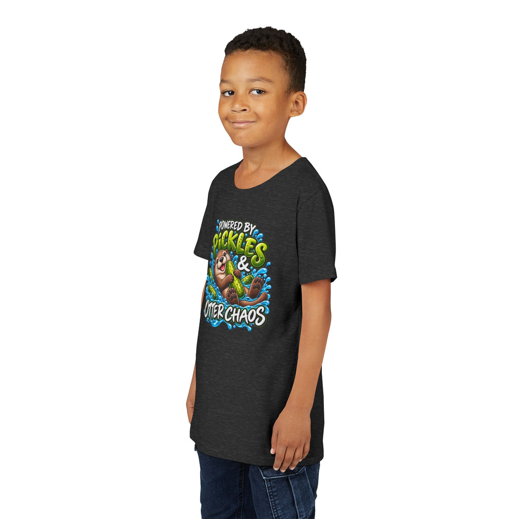 Youth Tee — "Powered by Pickles & Otter Chaos" Cute Otter Graphic Shirt