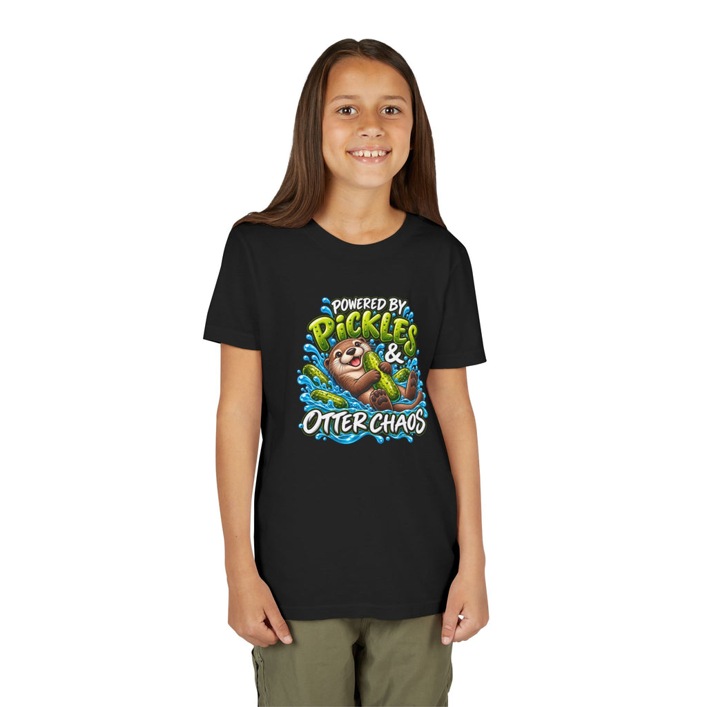 Youth Tee — "Powered by Pickles & Otter Chaos" Cute Otter Graphic Shirt