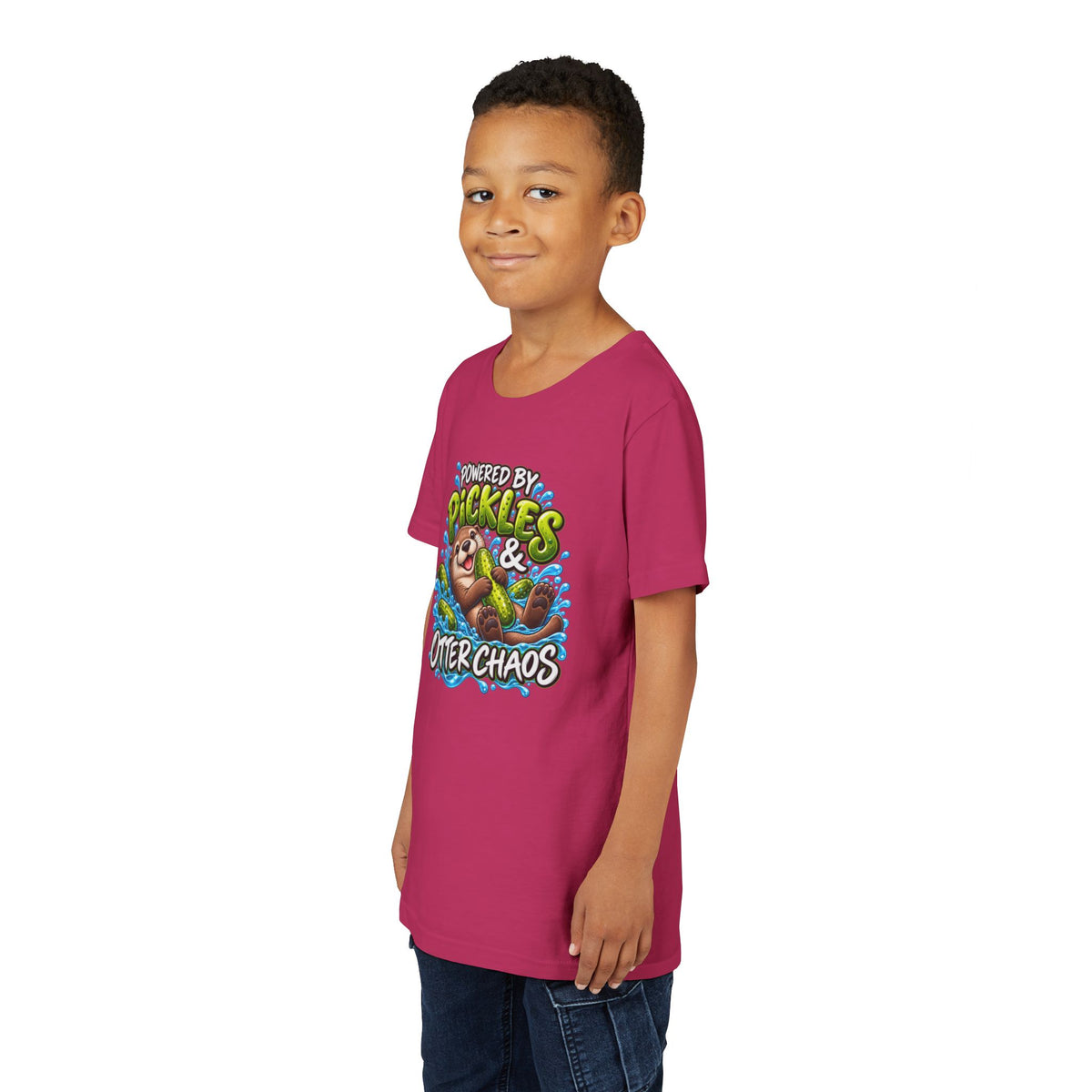 Youth Tee — "Powered by Pickles & Otter Chaos" Cute Otter Graphic Shirt